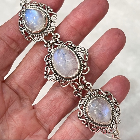 Rainbow Moonstone Trilogy Sterling Silver Hinged BOLO Bracelet - Picture 7 of 15